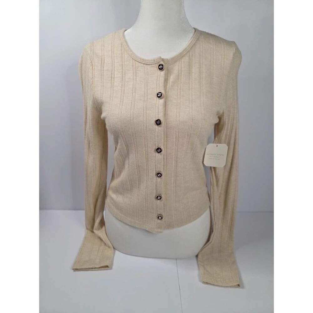 Altar'd State Ivory Ribbed Bow-Button Cardigan medium NWT